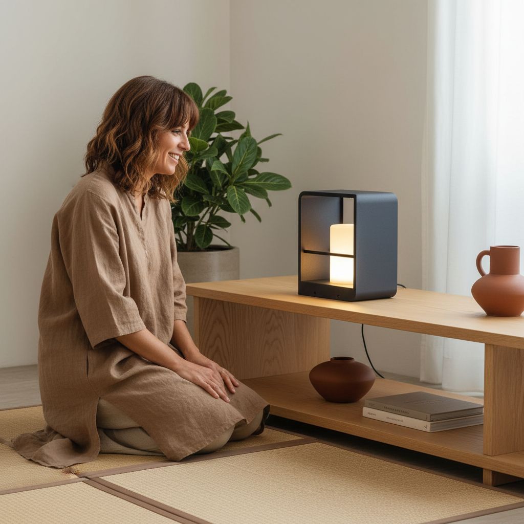 Modern minimalist solar table lamp in neutral plastic with LED bulb and solar panel, displayed on outdoor patio table — view 6