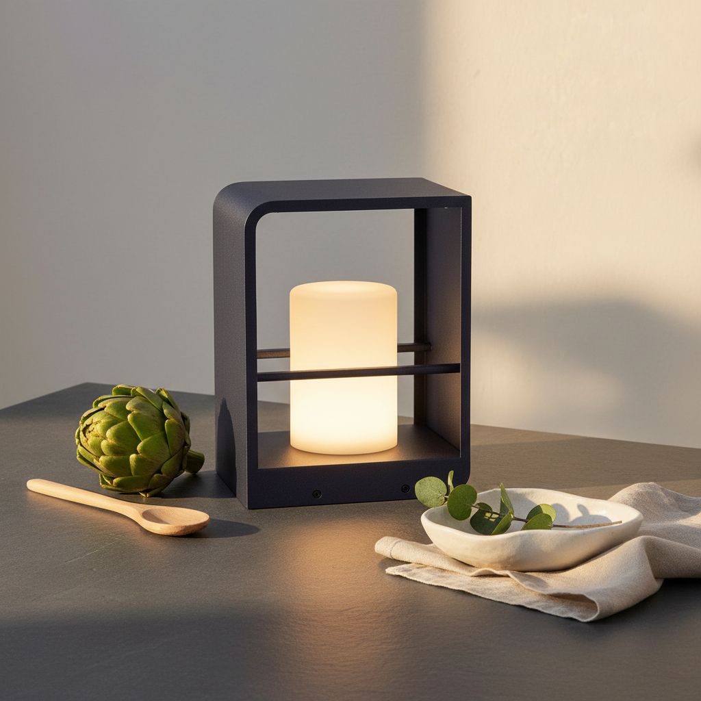 Modern minimalist solar table lamp in neutral plastic with LED bulb and solar panel, displayed on outdoor patio table — hero view 2