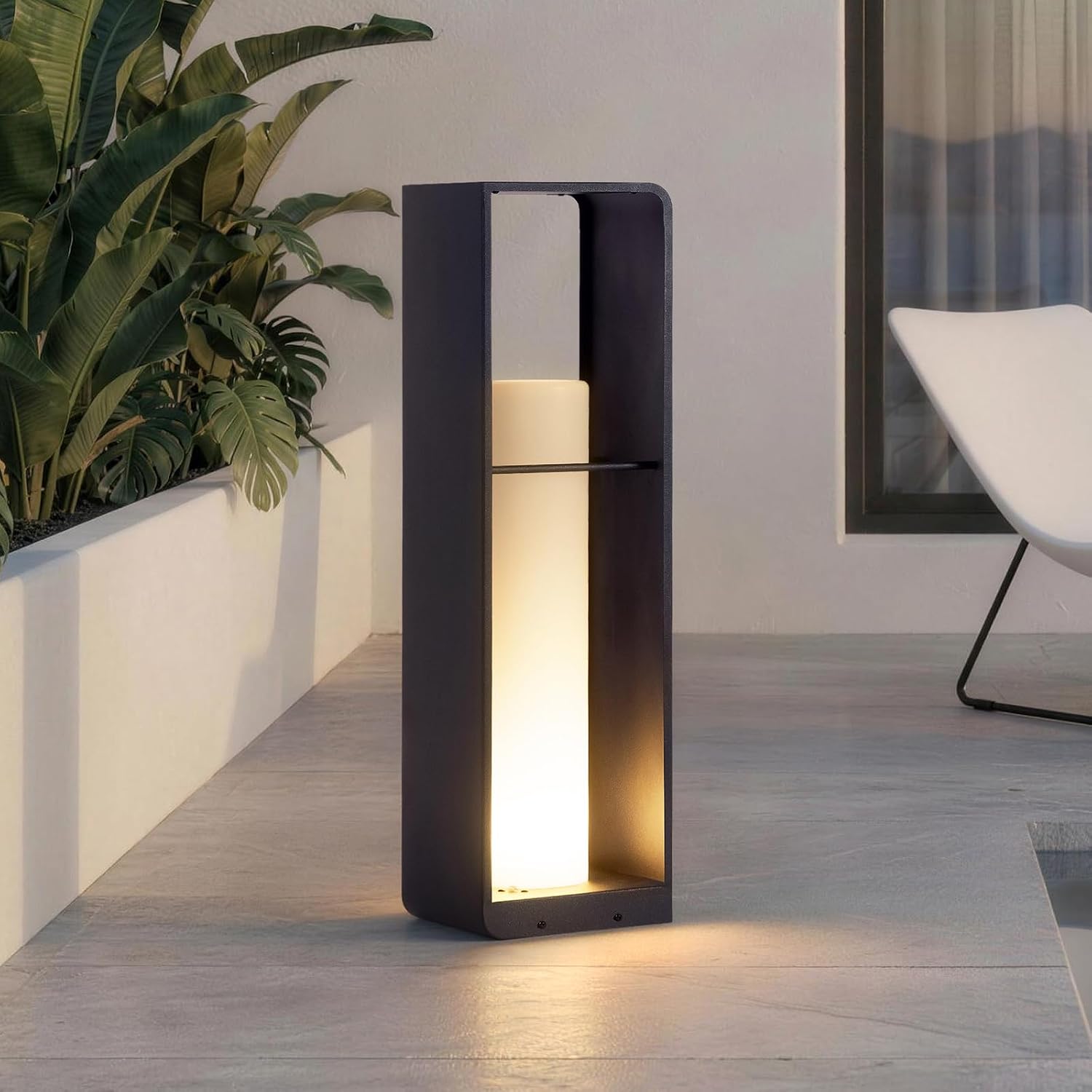 Modern metal corner floor lamp with waterproof housing in neutral finish, displaying warm white 3000K LED light — front