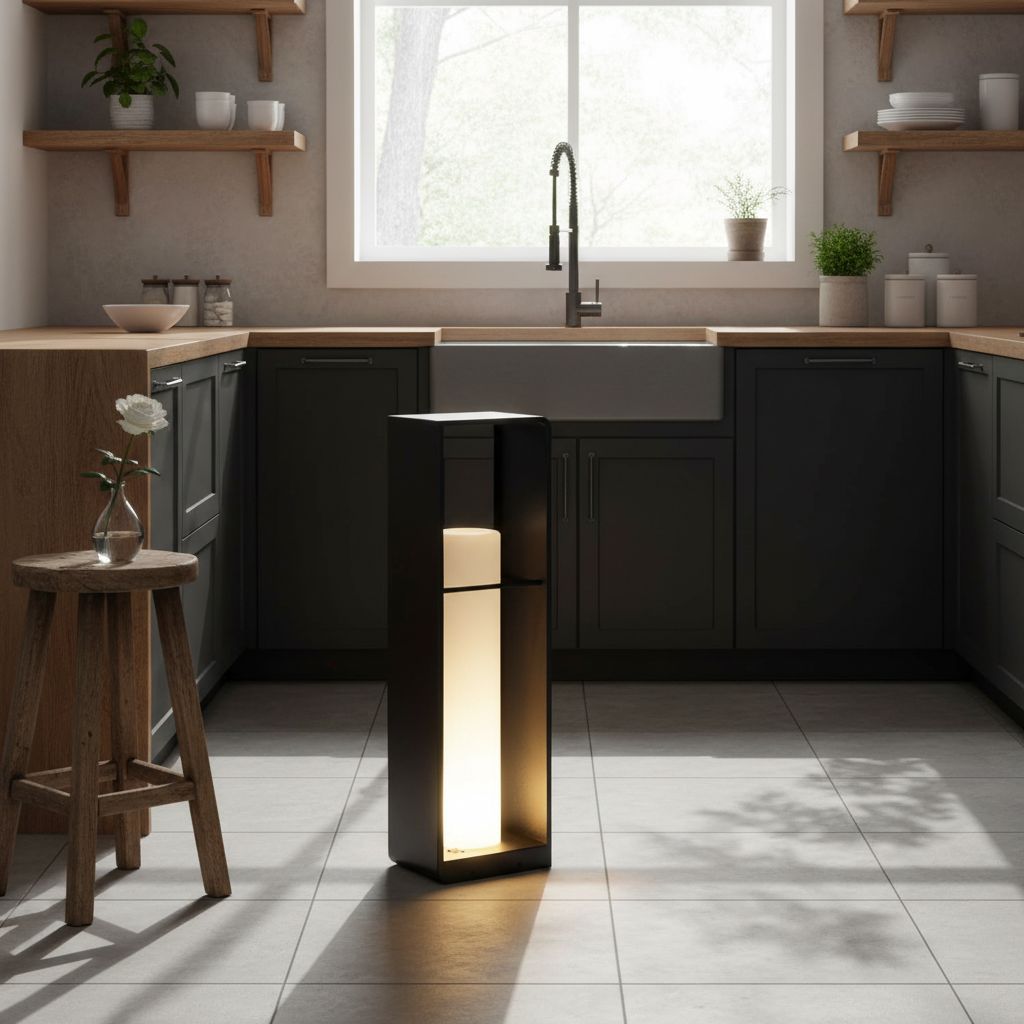 Modern metal corner floor lamp with waterproof housing in neutral finish, displaying warm white 3000K LED light — view 5b