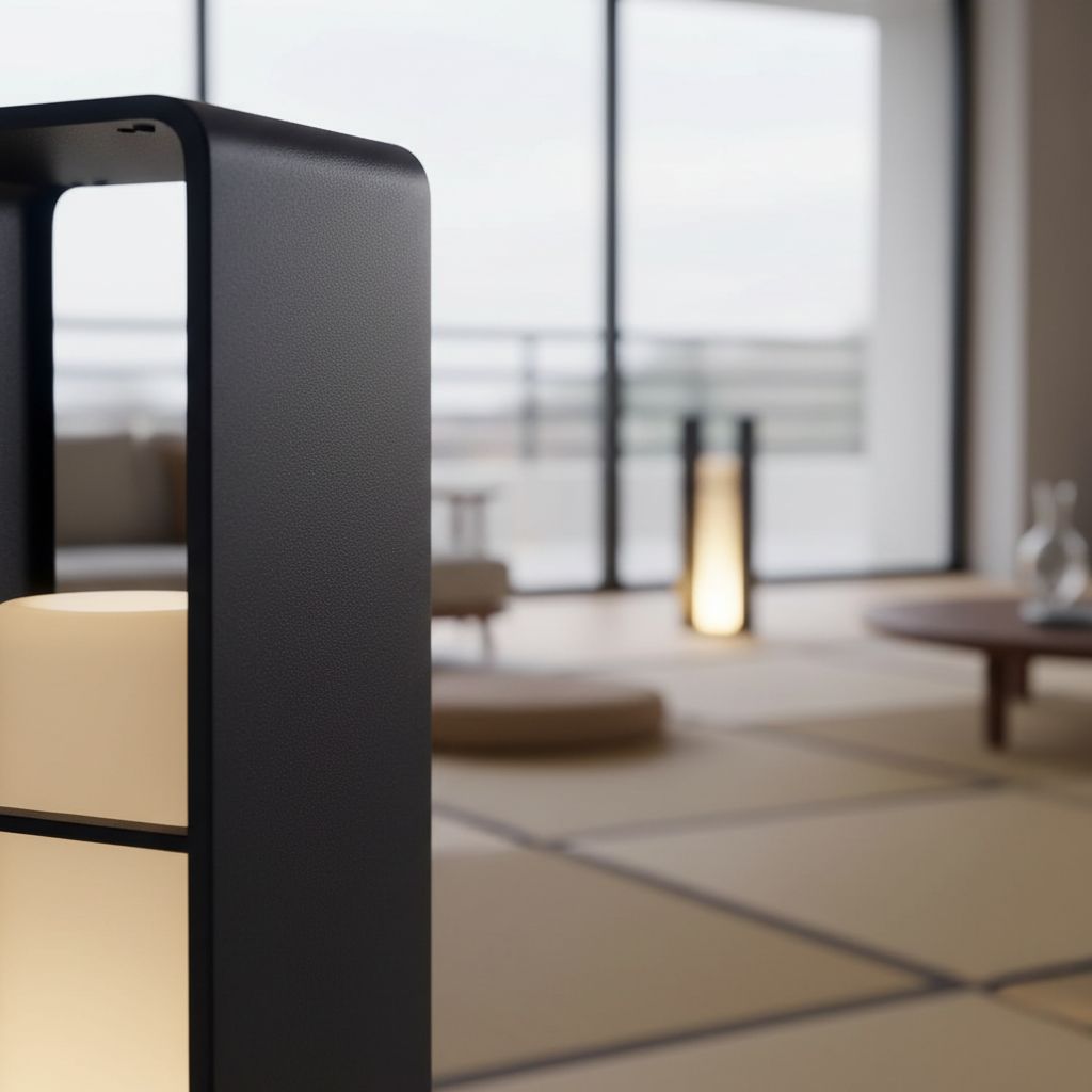 Modern metal corner floor lamp with waterproof housing in neutral finish, displaying warm white 3000K LED light — view 7