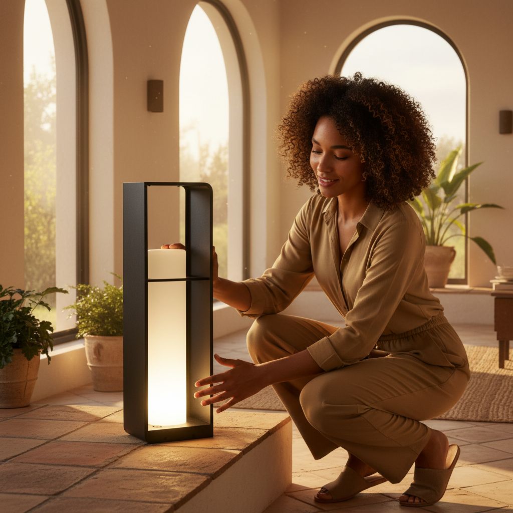 Modern metal corner floor lamp with waterproof housing in neutral finish, displaying warm white 3000K LED light — view 2