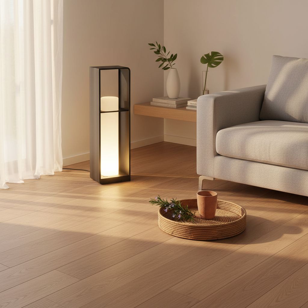 Modern metal corner floor lamp with waterproof housing in neutral finish, displaying warm white 3000K LED light — view 3a