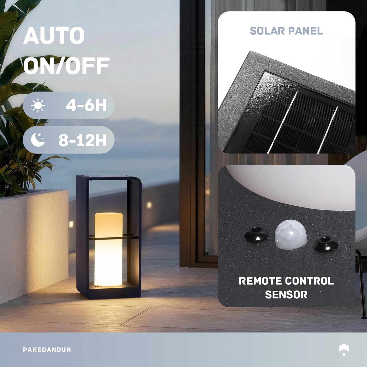 Modern solar floor lamp in neutral aluminum finish with tempered glass panels, shown in outdoor patio setting — back