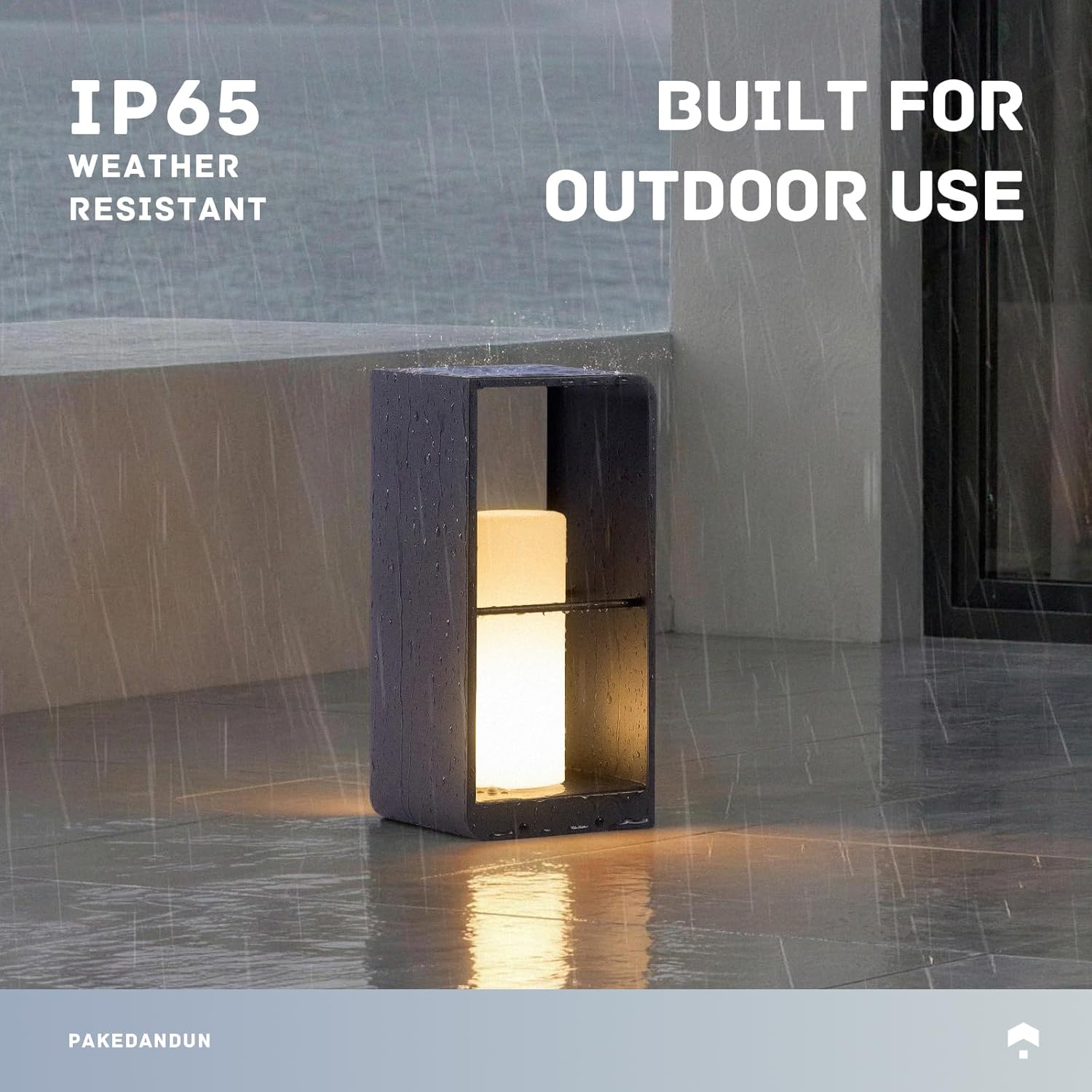 Modern solar floor lamp in neutral aluminum finish with tempered glass panels, shown in outdoor patio setting — detail