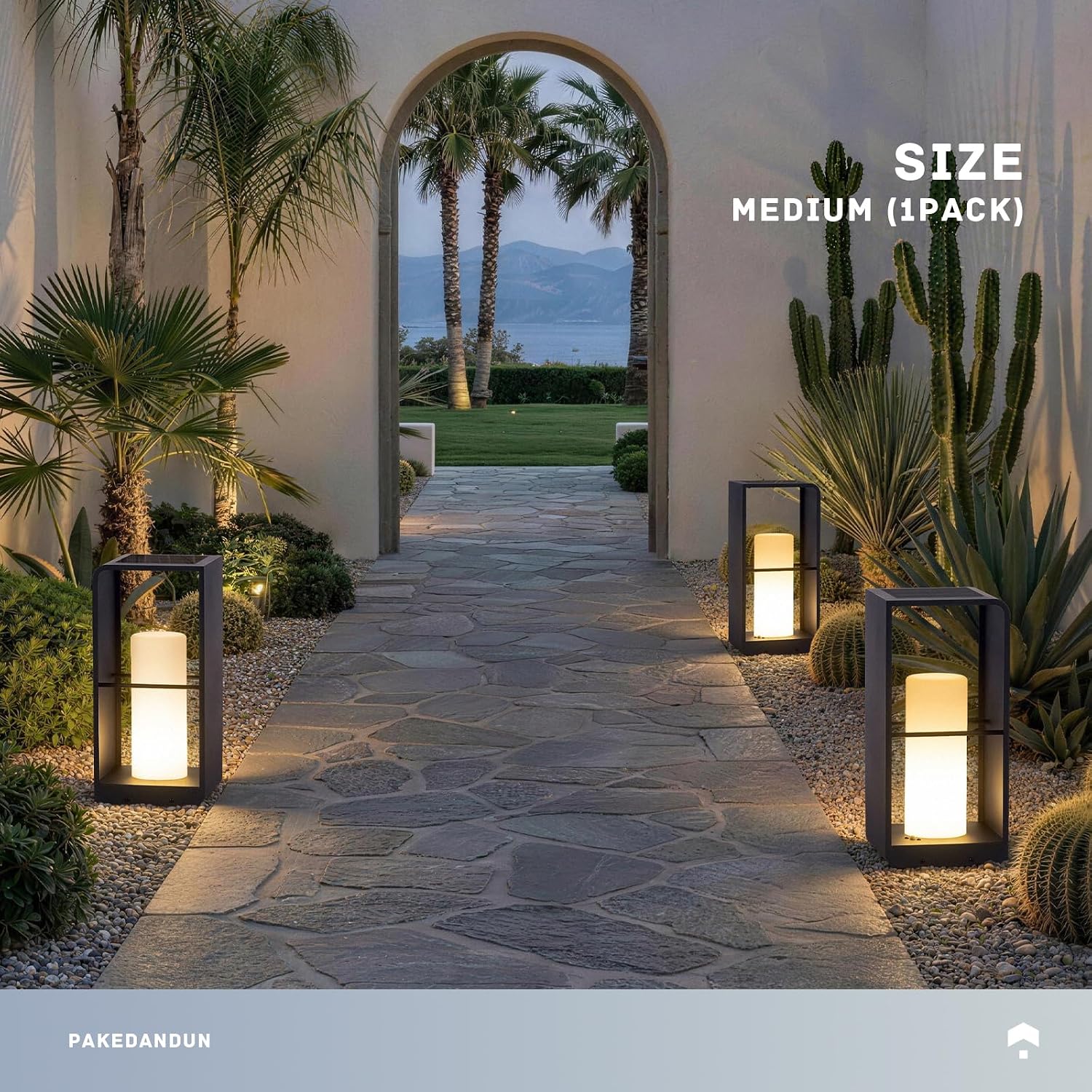 Modern solar floor lamp in neutral aluminum finish with tempered glass panels, shown in outdoor patio setting — view 2