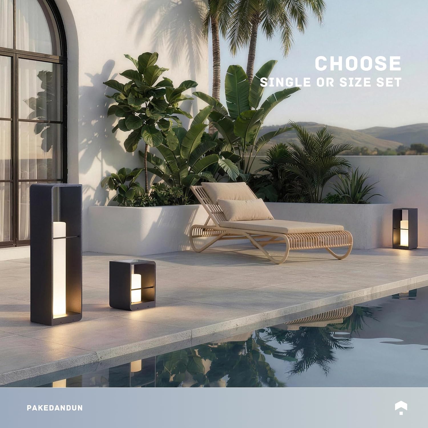 Modern solar floor lamp in neutral aluminum finish with tempered glass panels, shown in outdoor patio setting — view 5
