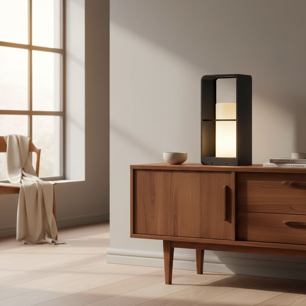 Modern solar floor lamp in neutral aluminum finish with tempered glass panels, shown in outdoor patio setting — view 5b