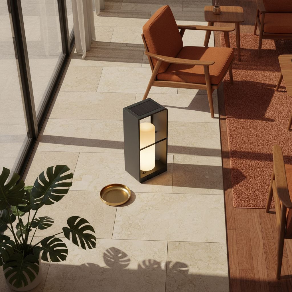 Modern solar floor lamp in neutral aluminum finish with tempered glass panels, shown in outdoor patio setting — view 5a