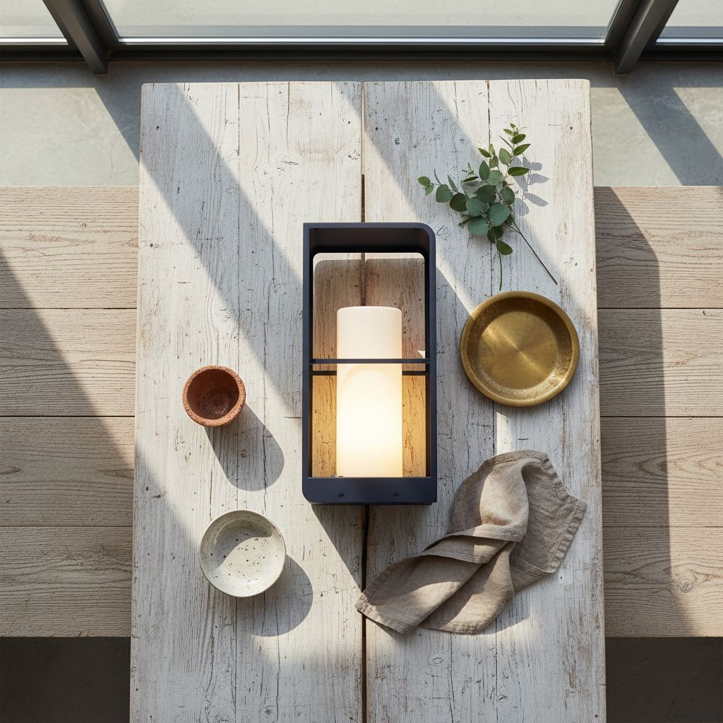 Modern solar floor lamp in neutral aluminum finish with tempered glass panels, shown in outdoor patio setting — hero view 2
