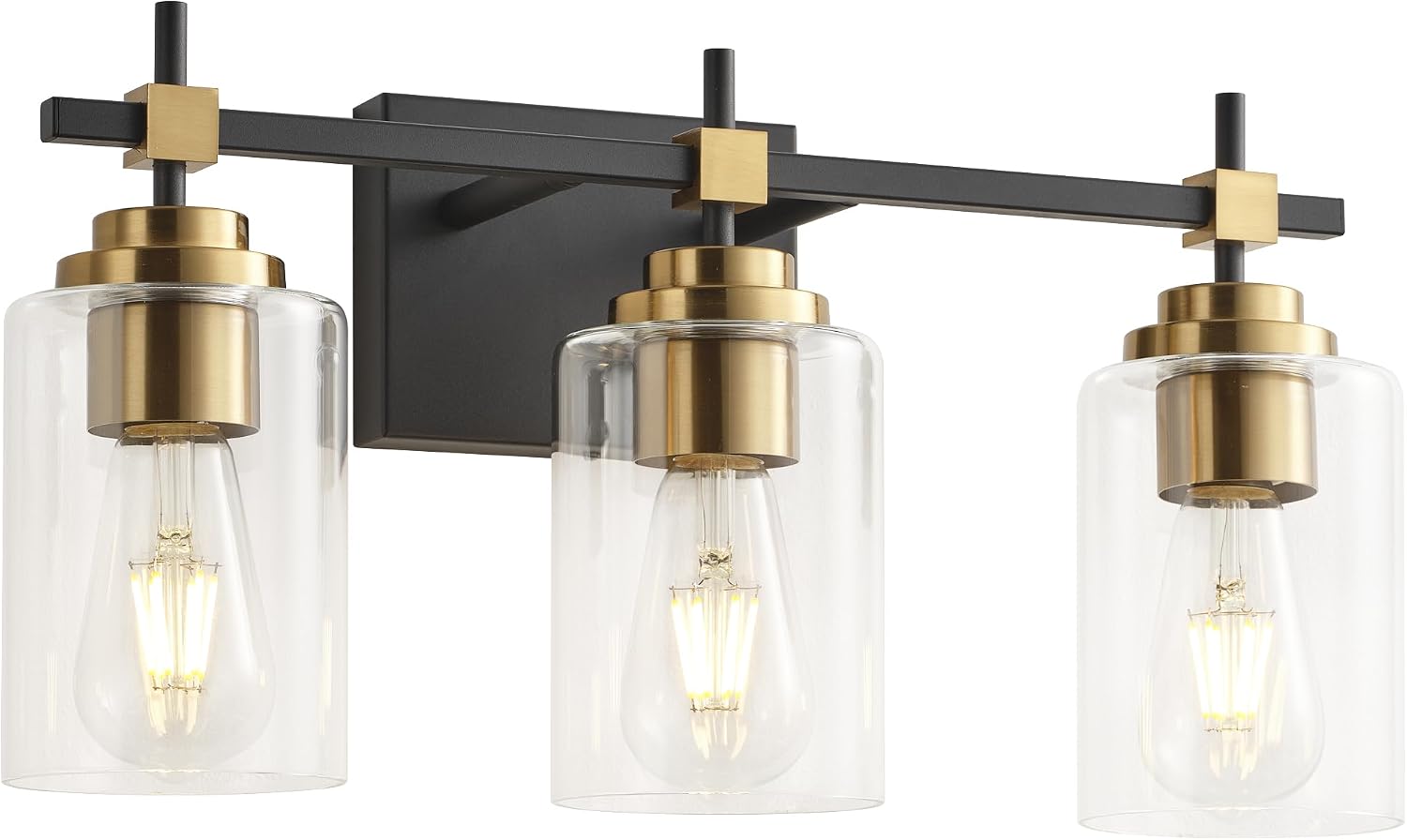 Black metal vanity light fixture with brass accents and clear glass shades for bathroom mirror installation — view 1