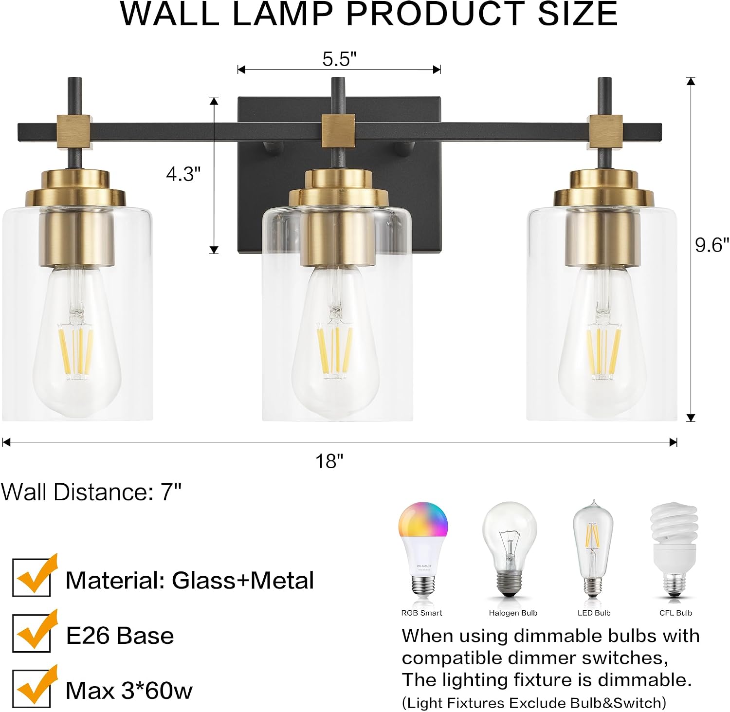 Black metal vanity light fixture with brass accents and clear glass shades for bathroom mirror installation — view 3
