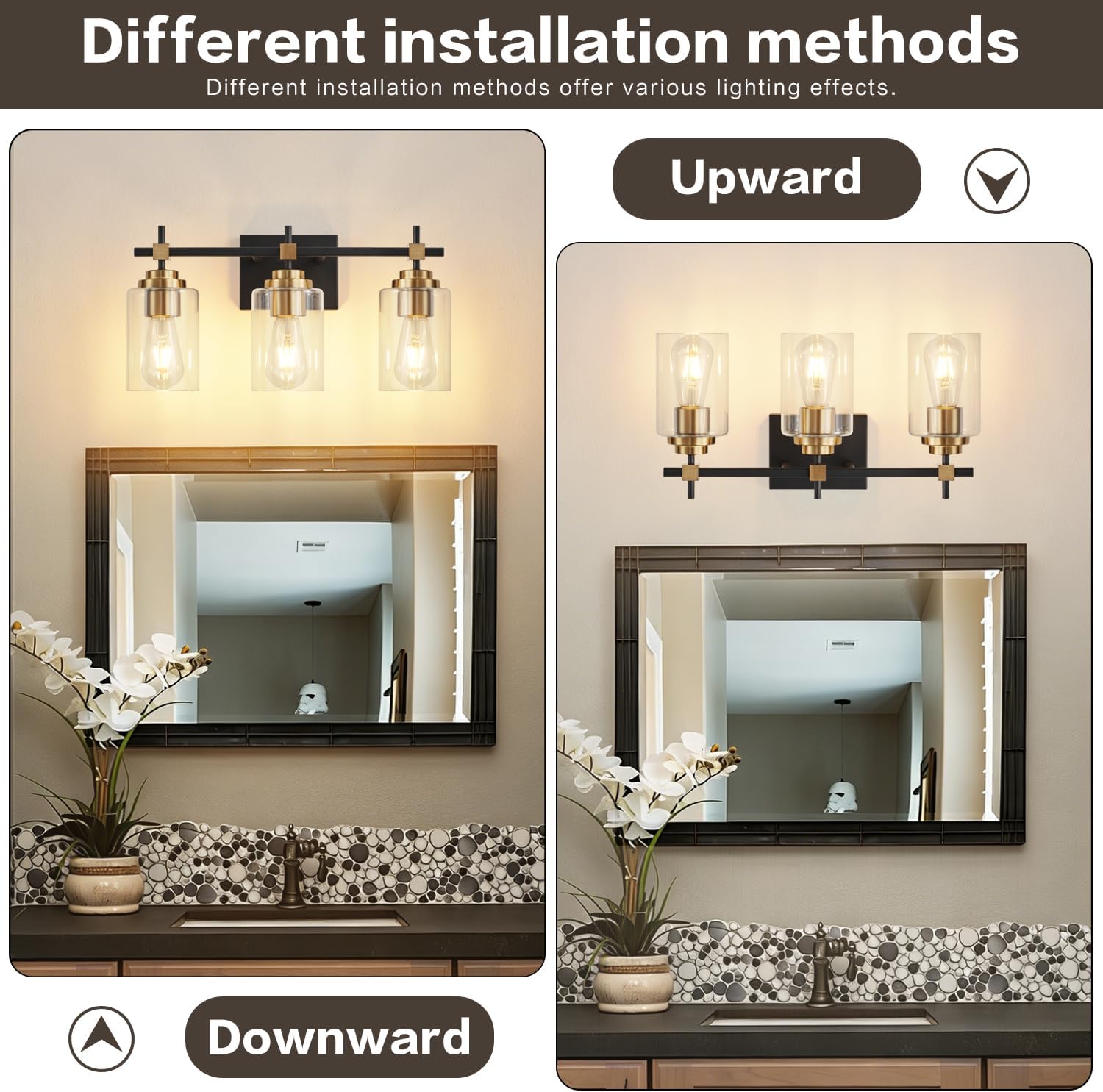 Black metal vanity light fixture with brass accents and clear glass shades for bathroom mirror installation — view 4