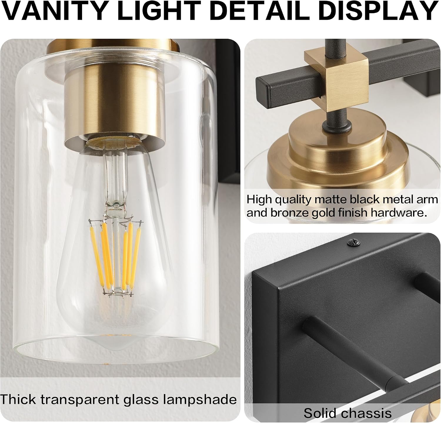 Black metal vanity light fixture with brass accents and clear glass shades for bathroom mirror installation — view 2