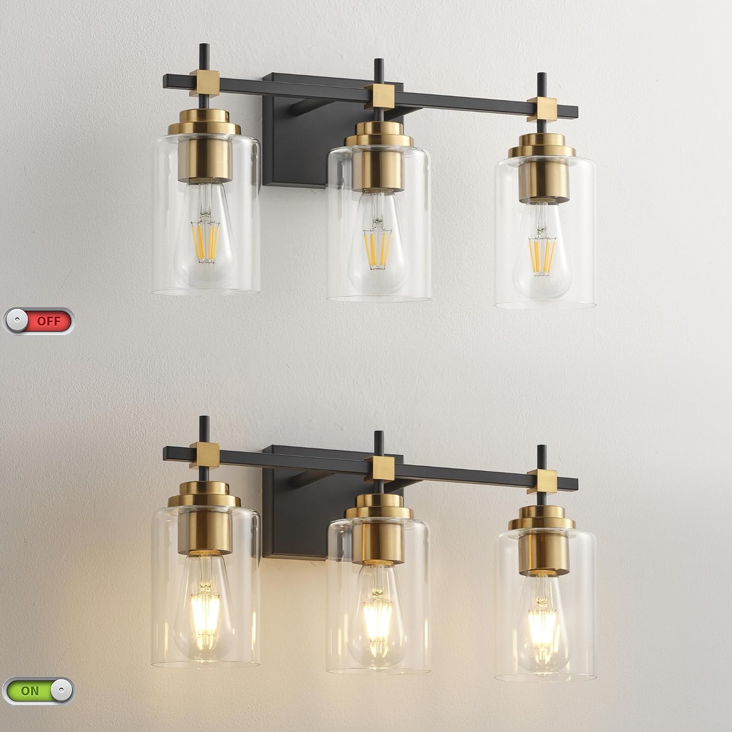 Black metal vanity light fixture with brass accents and clear glass shades for bathroom mirror installation — view 3