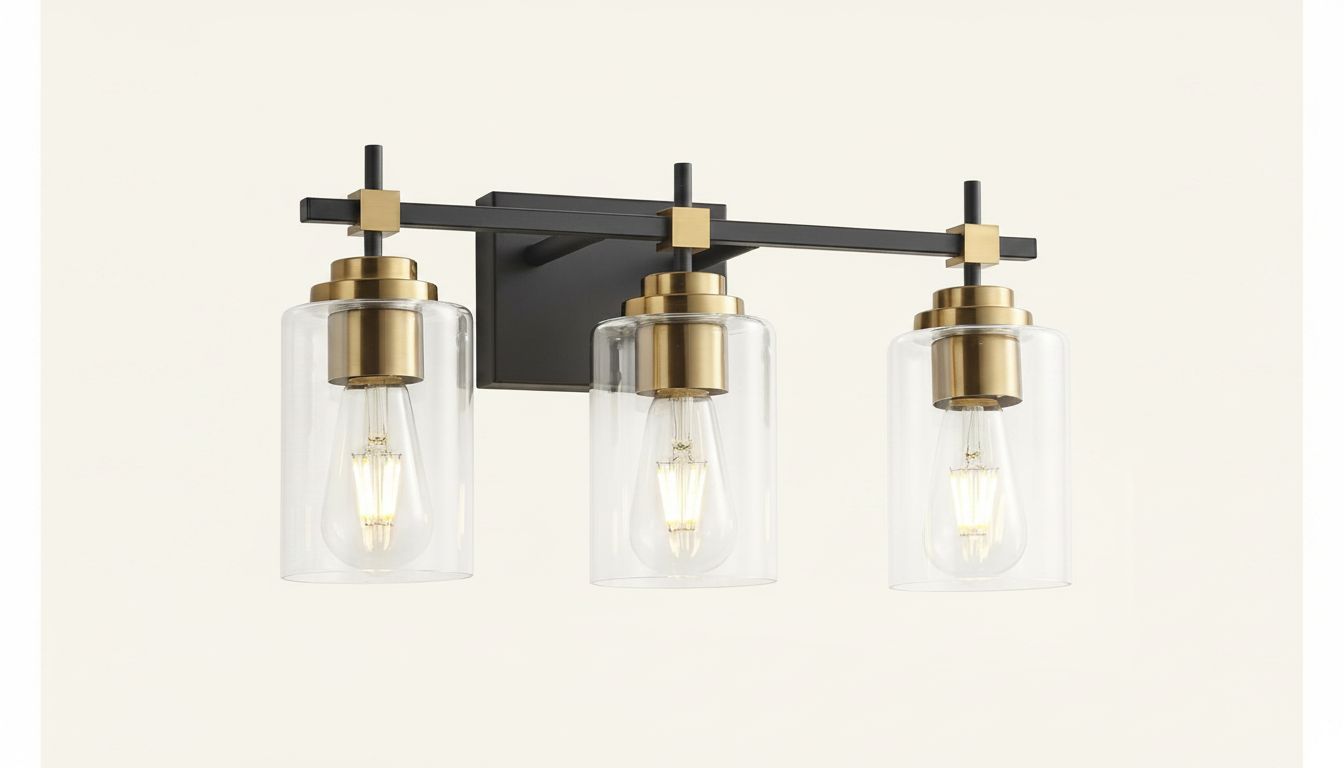 Black metal vanity light fixture with brass accents and clear glass shades for bathroom mirror installation — hero view 1