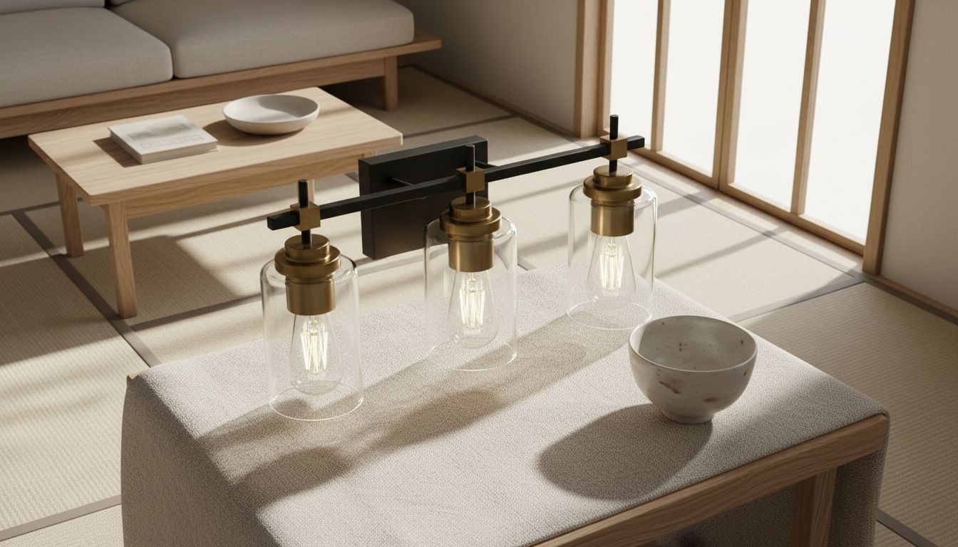 Black metal vanity light fixture with brass accents and clear glass shades for bathroom mirror installation — view 5a