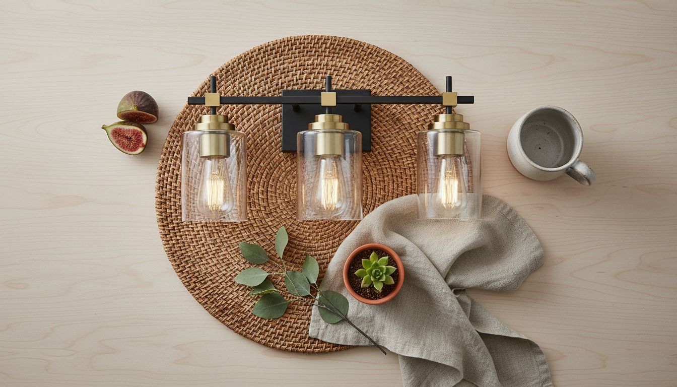 Black metal vanity light fixture with brass accents and clear glass shades for bathroom mirror installation — hero view 2