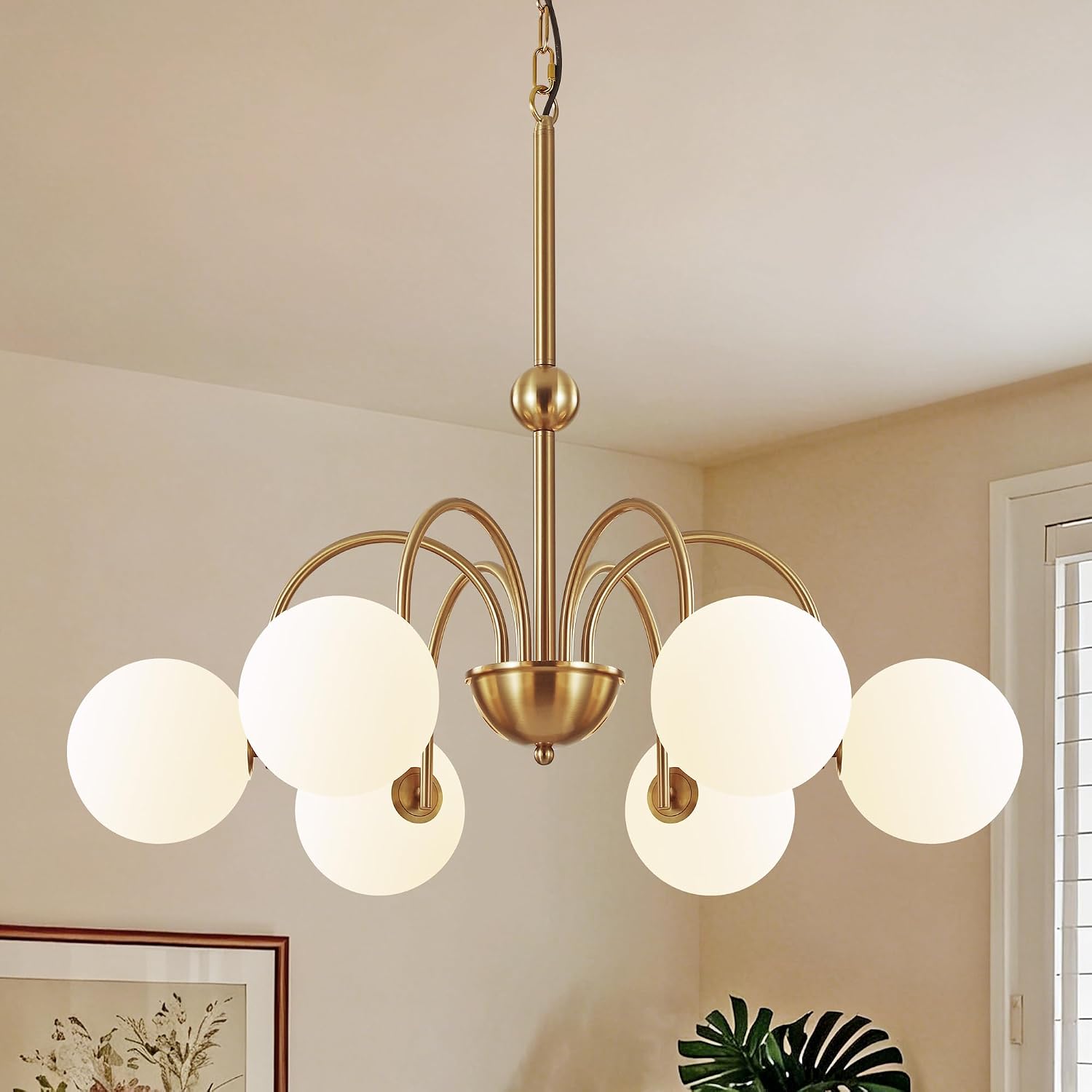 [Color] brushed gold metal chandelier with [#]-milk glass globe shades, [style] design for [room] — view 1