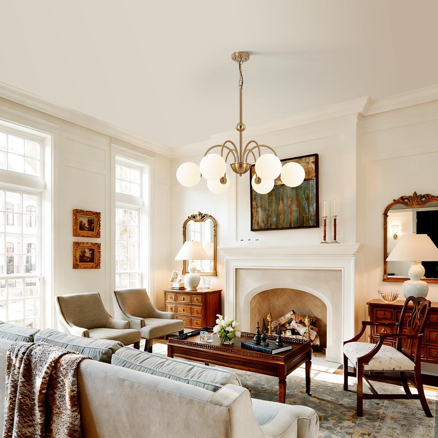 [Color] brushed gold metal chandelier with [#]-milk glass globe shades, [style] design for [room] — view 4