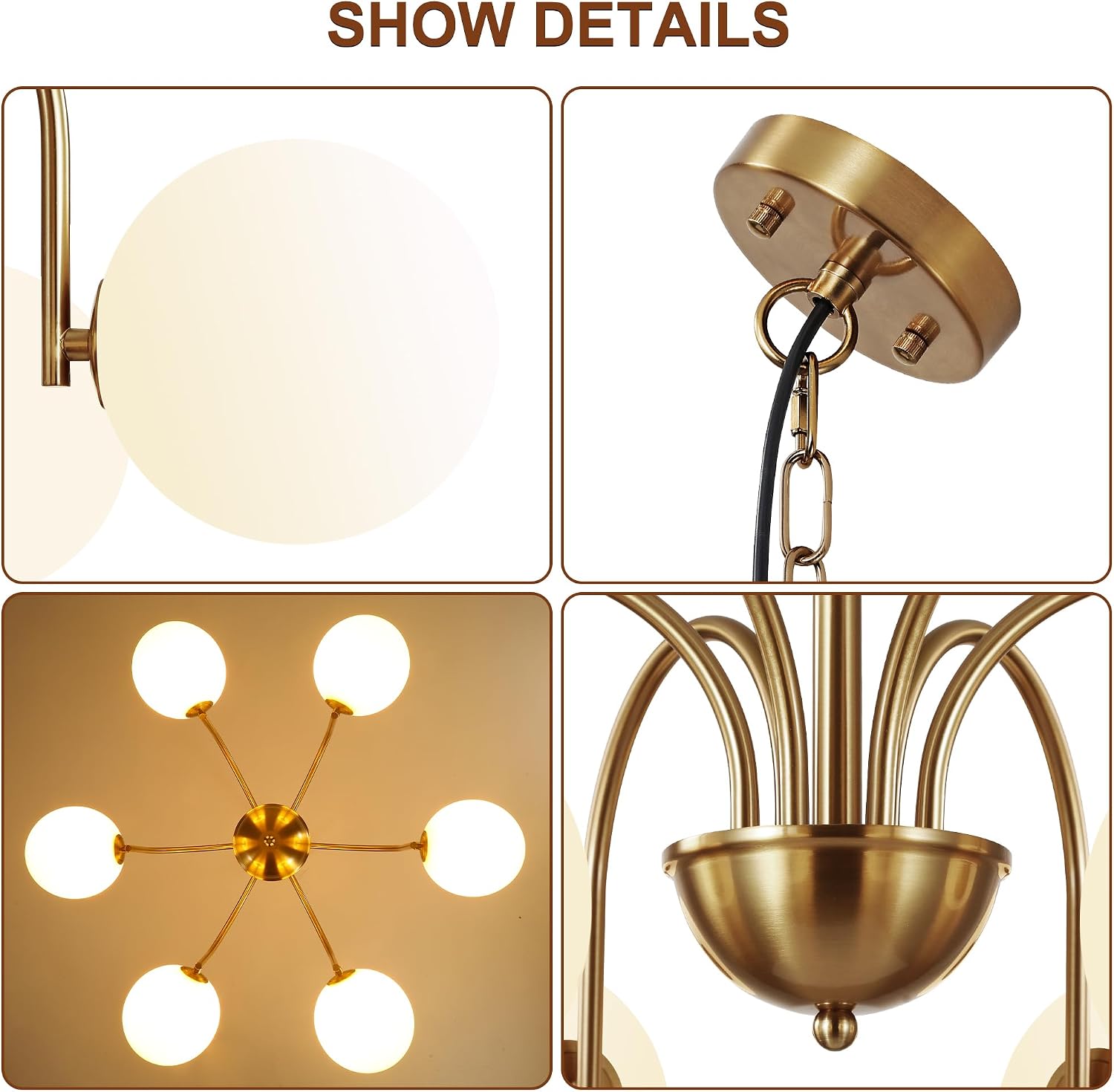 [Color] brushed gold metal chandelier with [#]-milk glass globe shades, [style] design for [room] — view 4