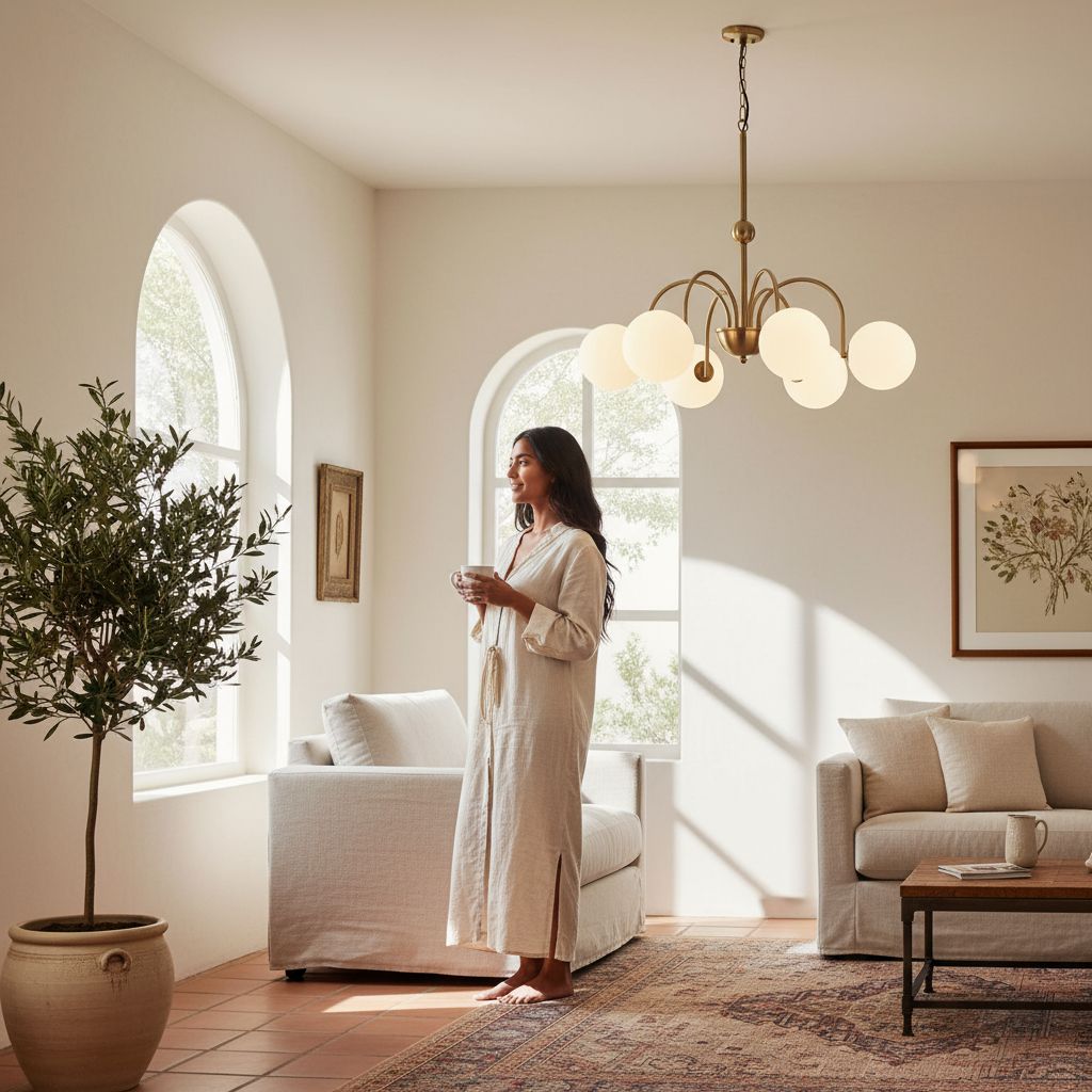 [Color] brushed gold metal chandelier with [#]-milk glass globe shades, [style] design for [room] — view 3b