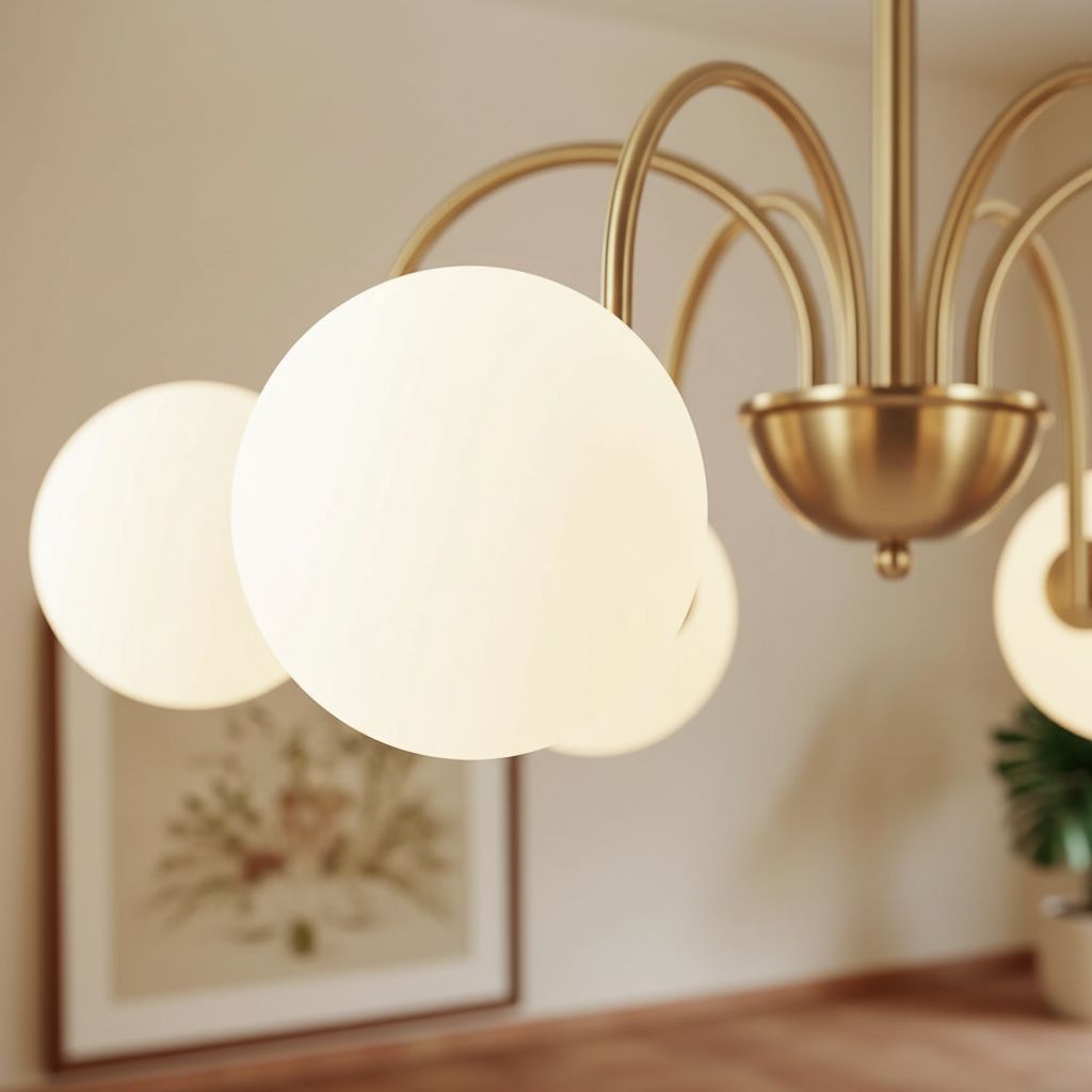 [Color] brushed gold metal chandelier with [#]-milk glass globe shades, [style] design for [room] — view 7