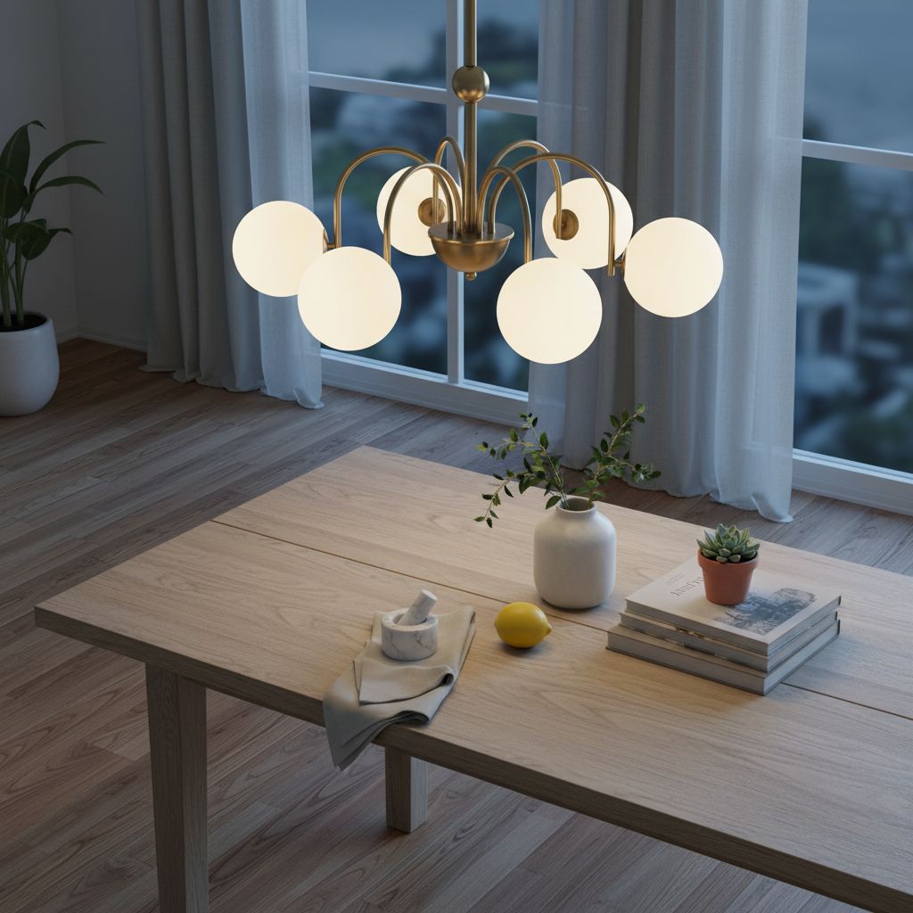 [Color] brushed gold metal chandelier with [#]-milk glass globe shades, [style] design for [room] — view 3a