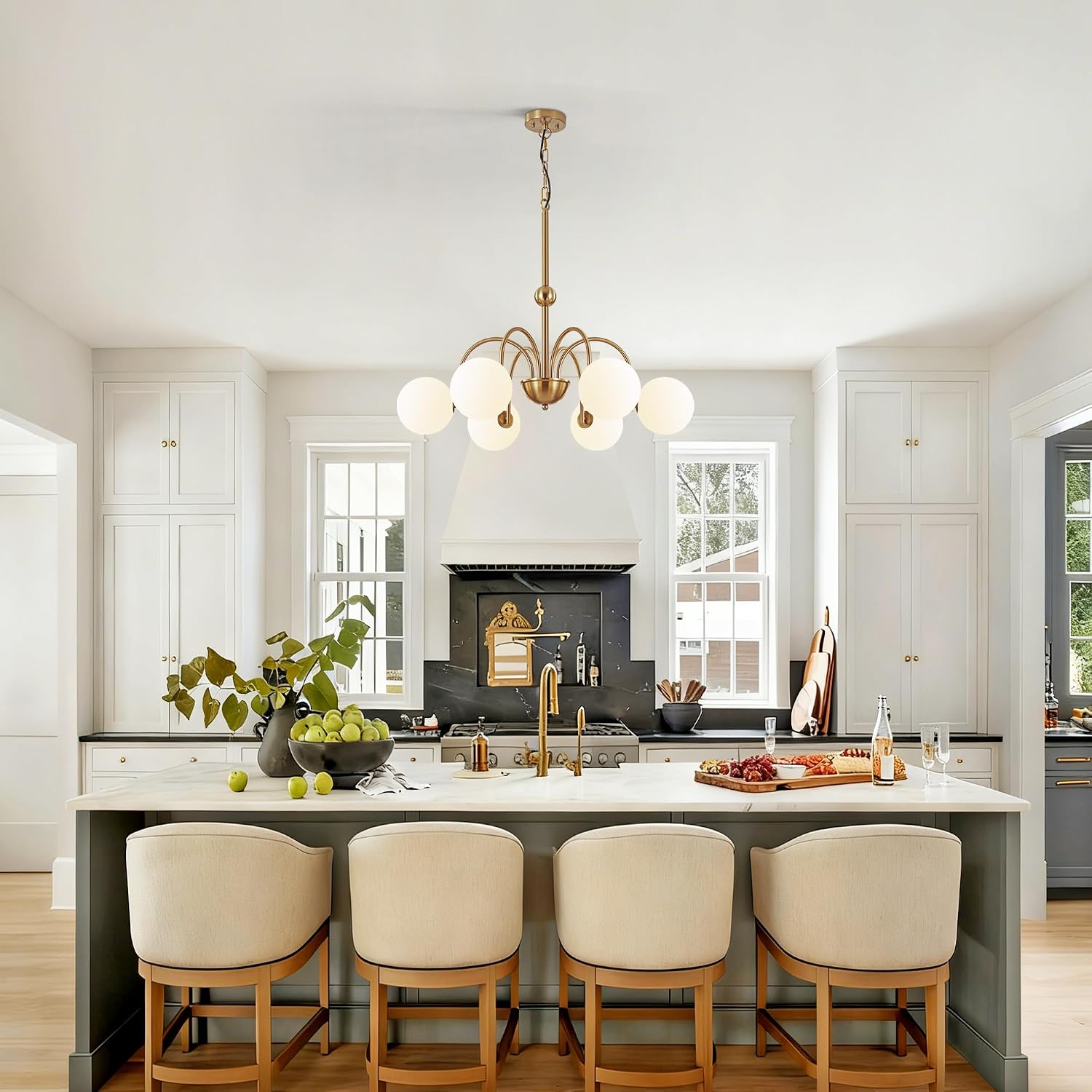 [Color] brushed gold metal chandelier with [#]-milk glass globe shades, [style] design for [room] — view 5a