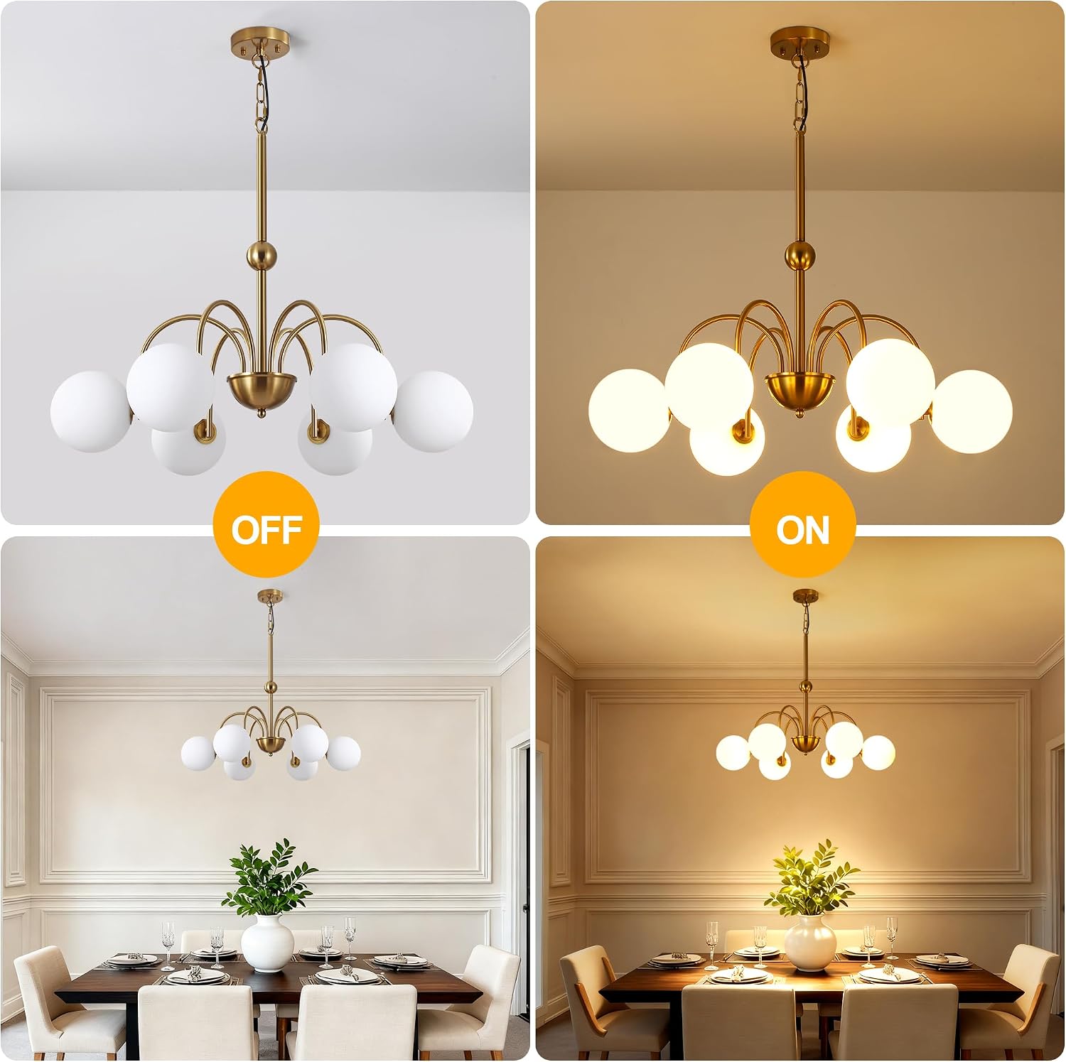 [Color] brushed gold metal chandelier with [#]-milk glass globe shades, [style] design for [room] — hero view 2
