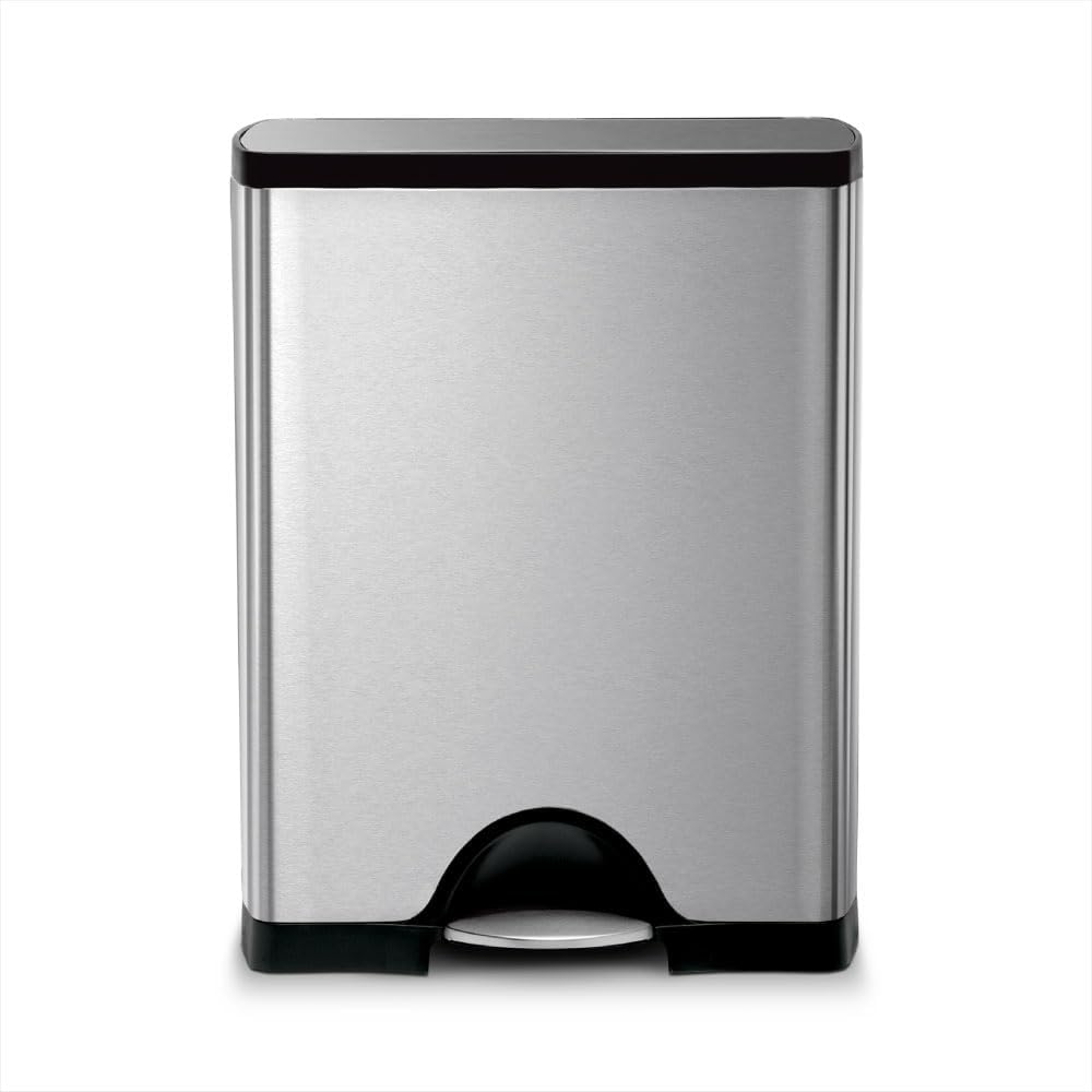 Rectangular step trash can in brushed stainless steel with modern minimalist design, shown from front angle — view 1