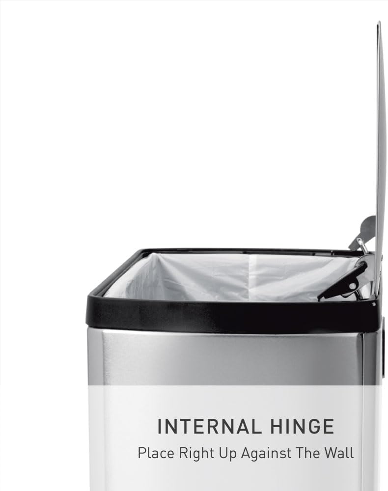 Rectangular step trash can in brushed stainless steel with modern minimalist design, shown from front angle — view 2