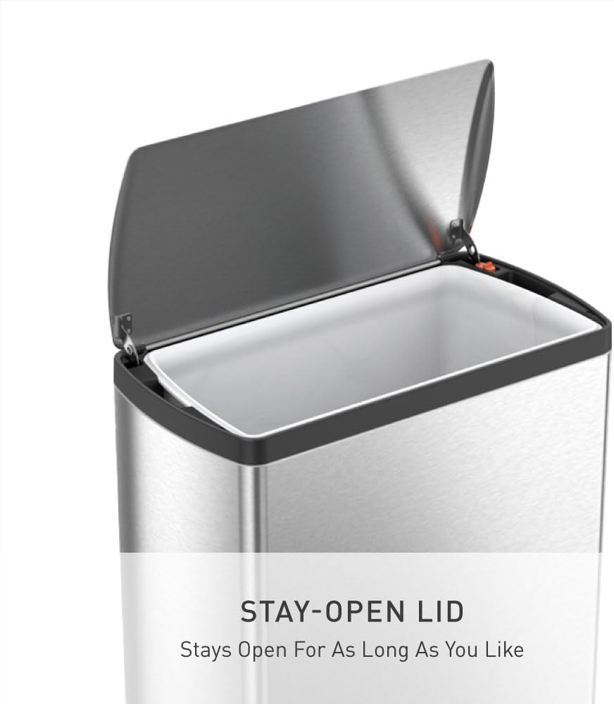 Rectangular step trash can in brushed stainless steel with modern minimalist design, shown from front angle — view 3