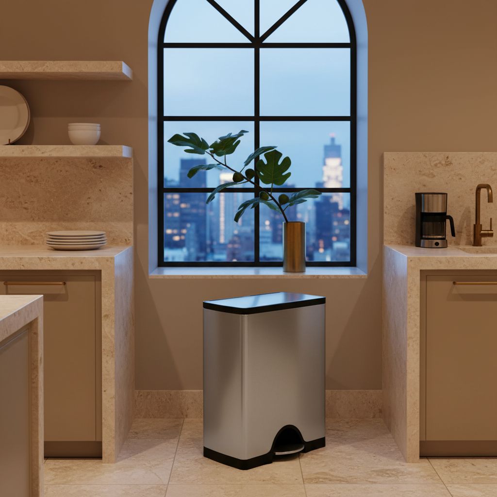 Rectangular step trash can in brushed stainless steel with modern minimalist design, shown from front angle — view 5b