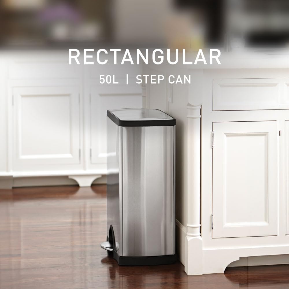 Rectangular step trash can in brushed stainless steel with modern minimalist design, shown from front angle — view 7