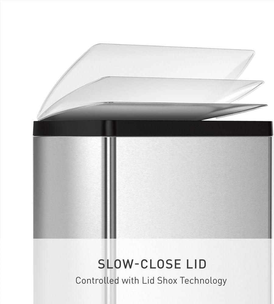 Rectangular step trash can in brushed stainless steel with modern minimalist design, shown from front angle — view 3a