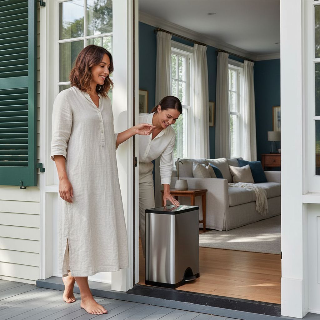 Rectangular step trash can in brushed stainless steel with modern minimalist design, shown from front angle — view 6