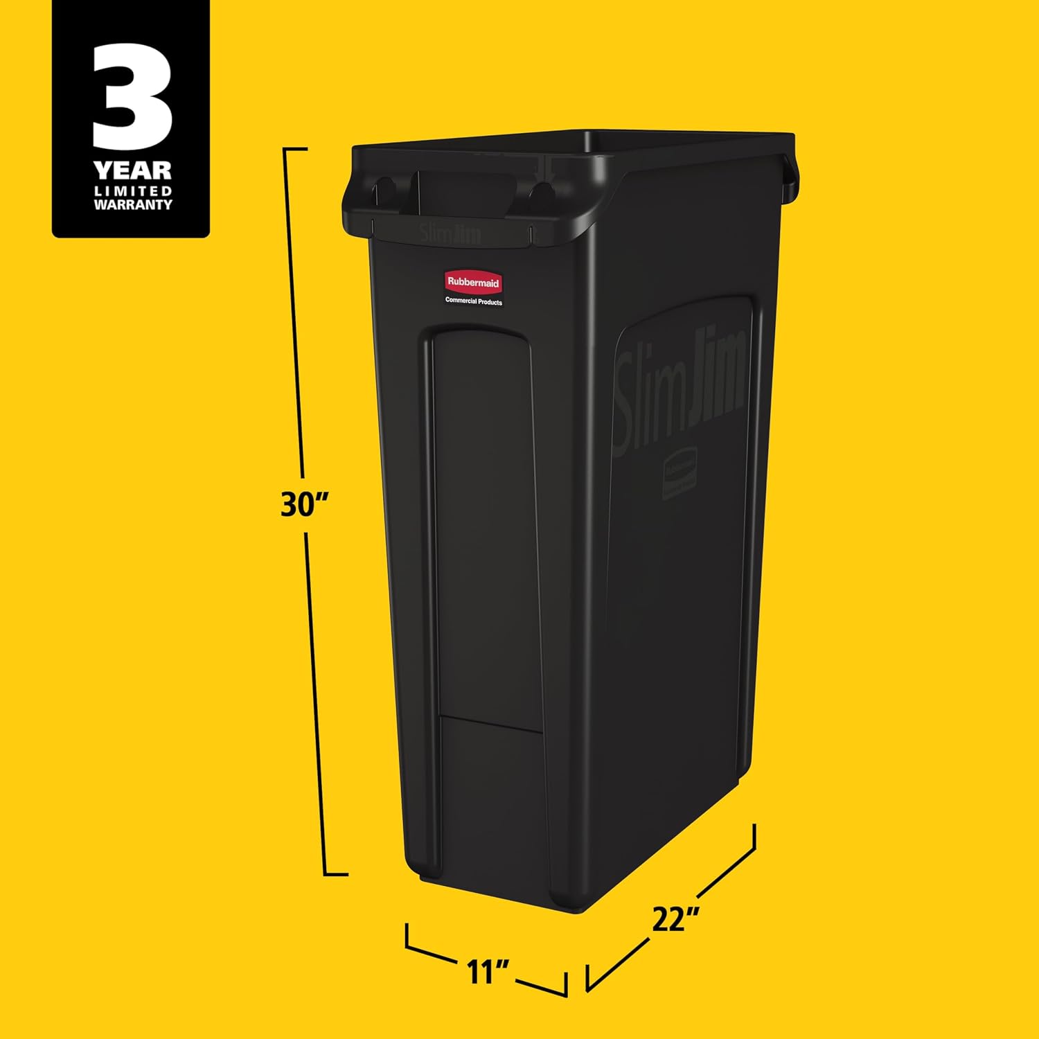 Tall black plastic trash receptacle with minimalist design, shown from front angle on kitchen counter — view 4
