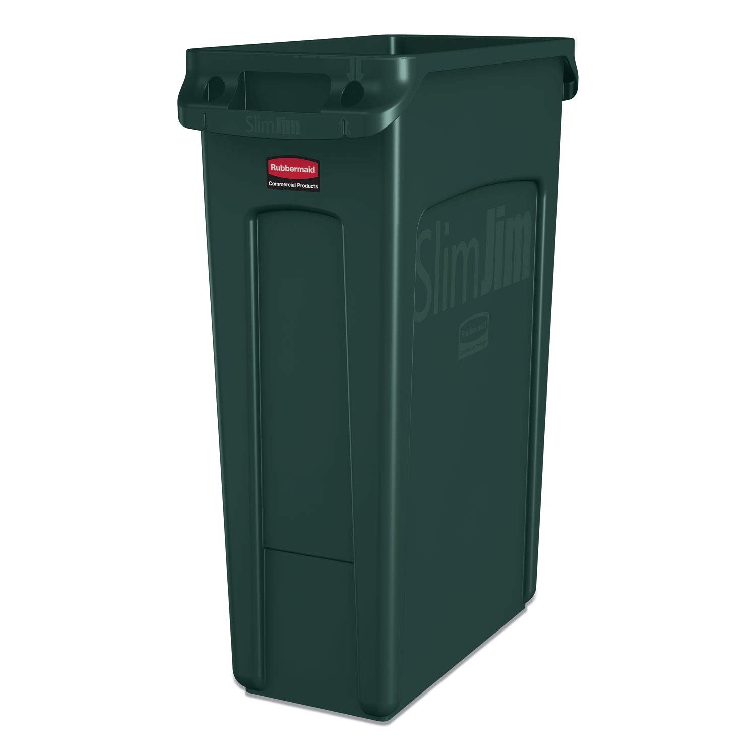 Tall black plastic trash receptacle with minimalist design, shown from front angle on kitchen counter — view 5