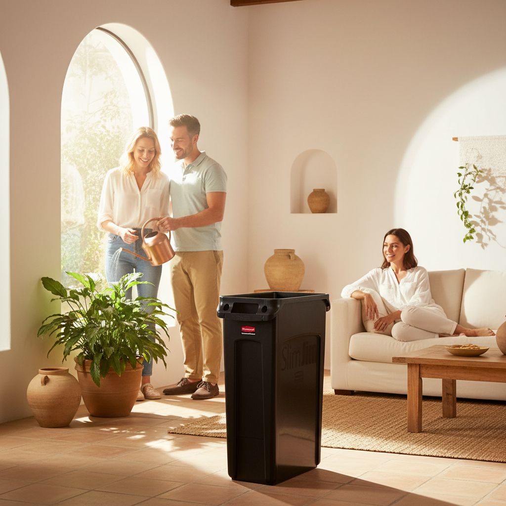 Tall black plastic trash receptacle with minimalist design, shown from front angle on kitchen counter — view 3b