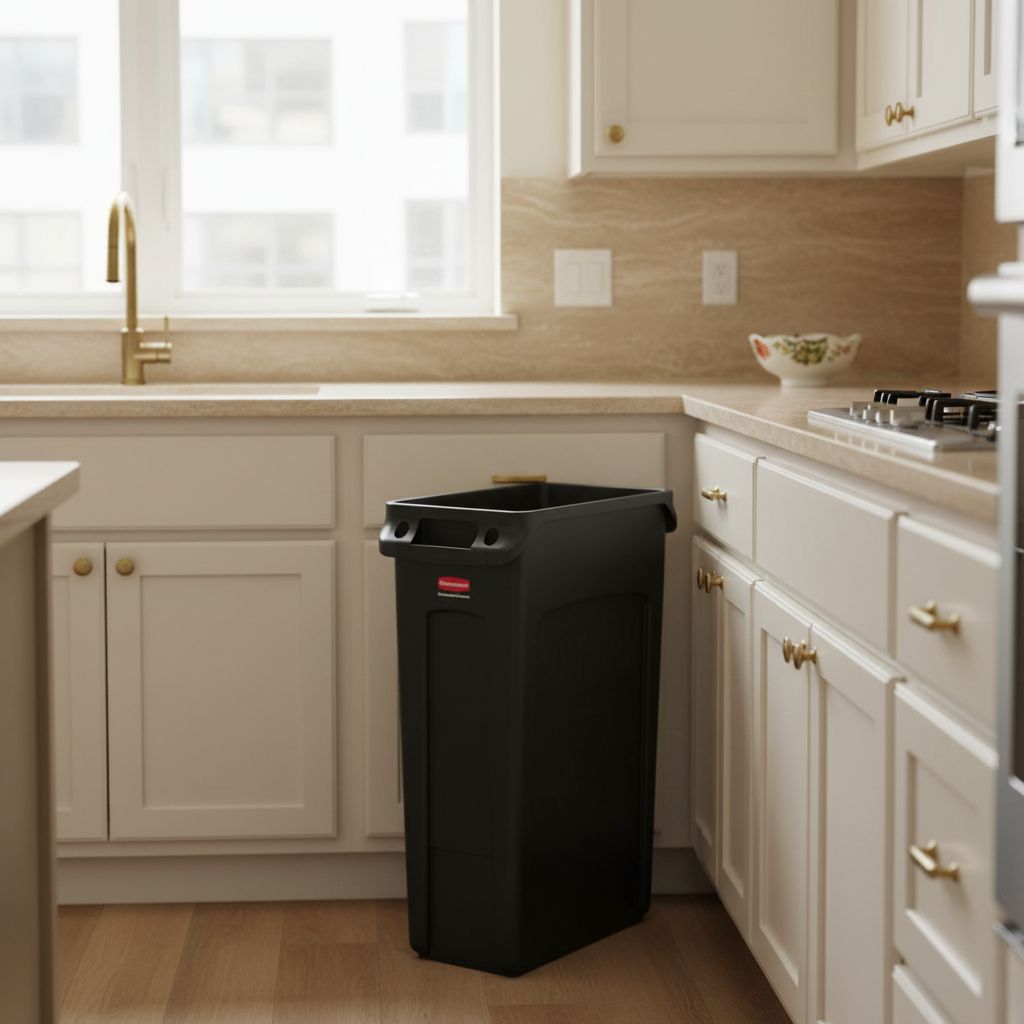 Tall black plastic trash receptacle with minimalist design, shown from front angle on kitchen counter — view 5b