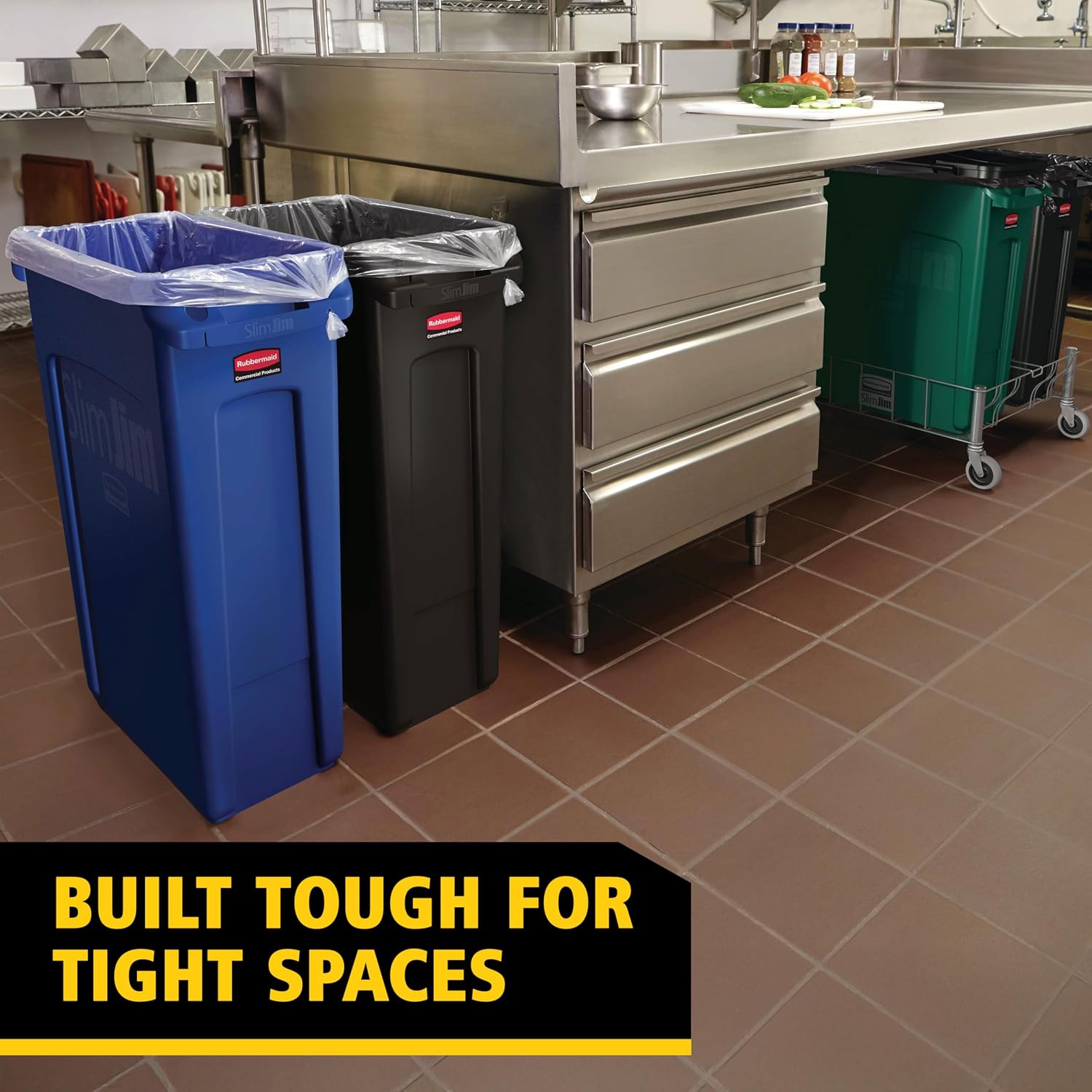 Tall black plastic trash receptacle with minimalist design, shown from front angle on kitchen counter — view 7