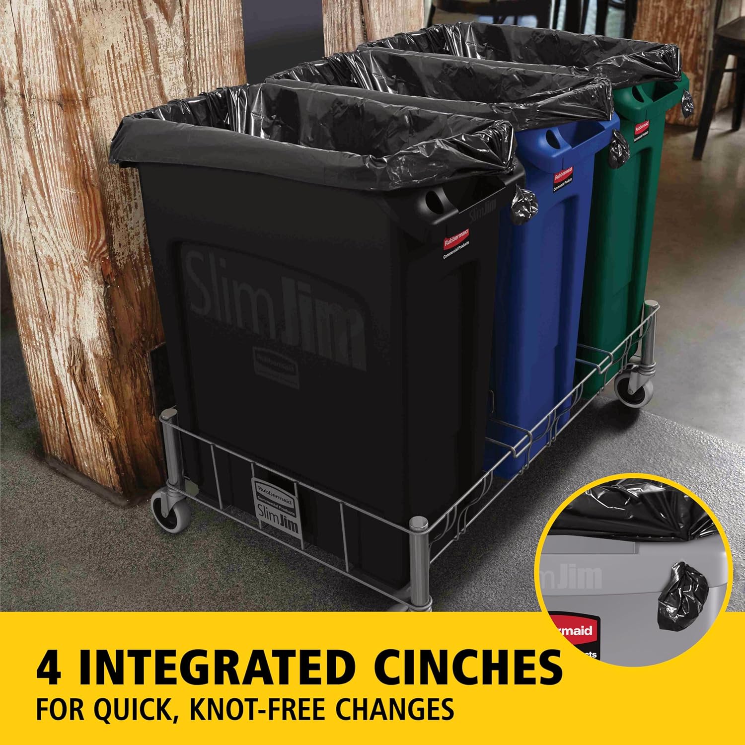 Tall black plastic trash receptacle with minimalist design, shown from front angle on kitchen counter — view 4