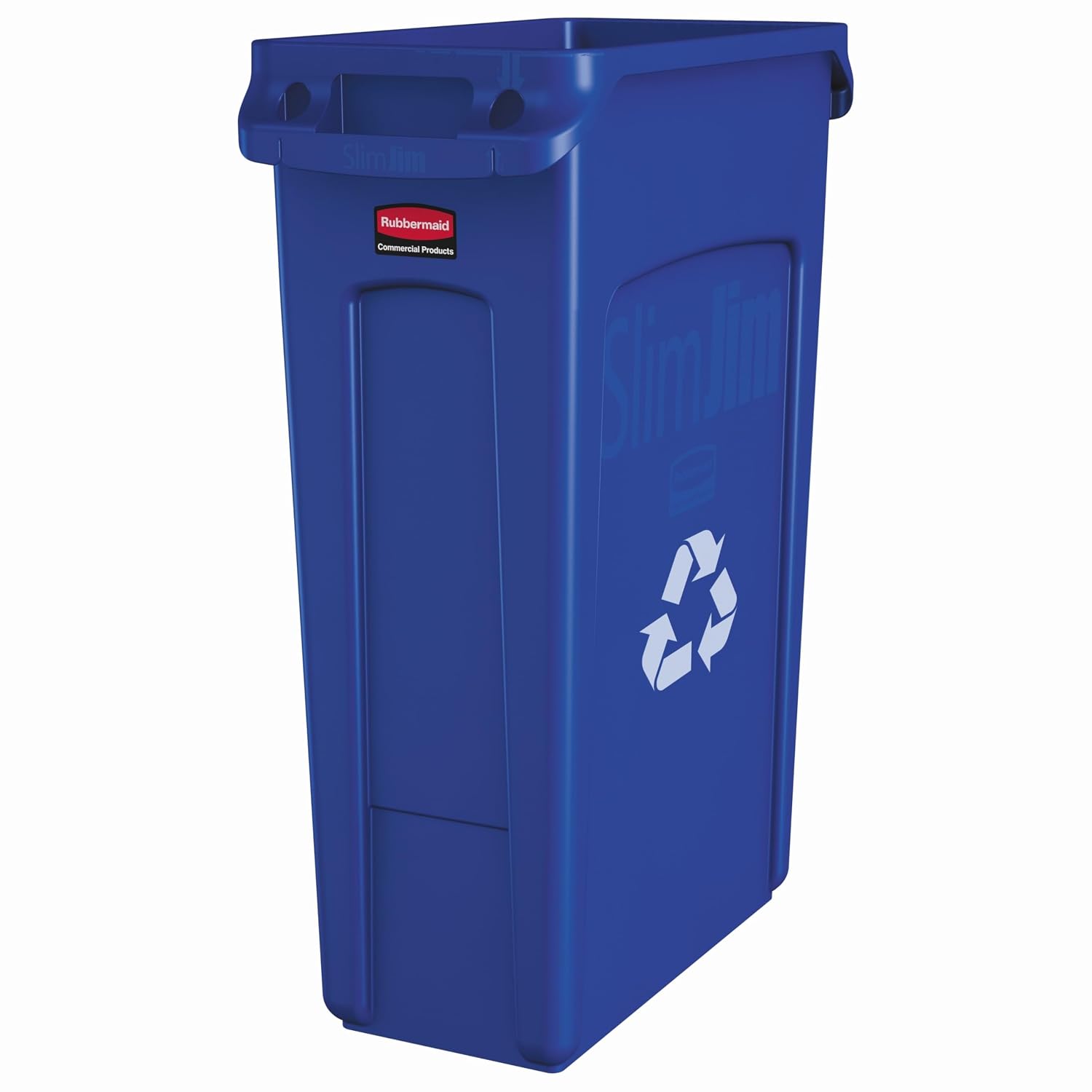 Tall black plastic trash receptacle with minimalist design, shown from front angle on kitchen counter — view 6