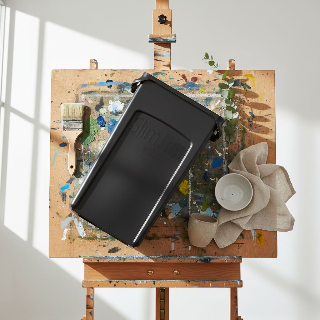 Tall black plastic trash receptacle with minimalist design, shown from front angle on kitchen counter — hero view 2