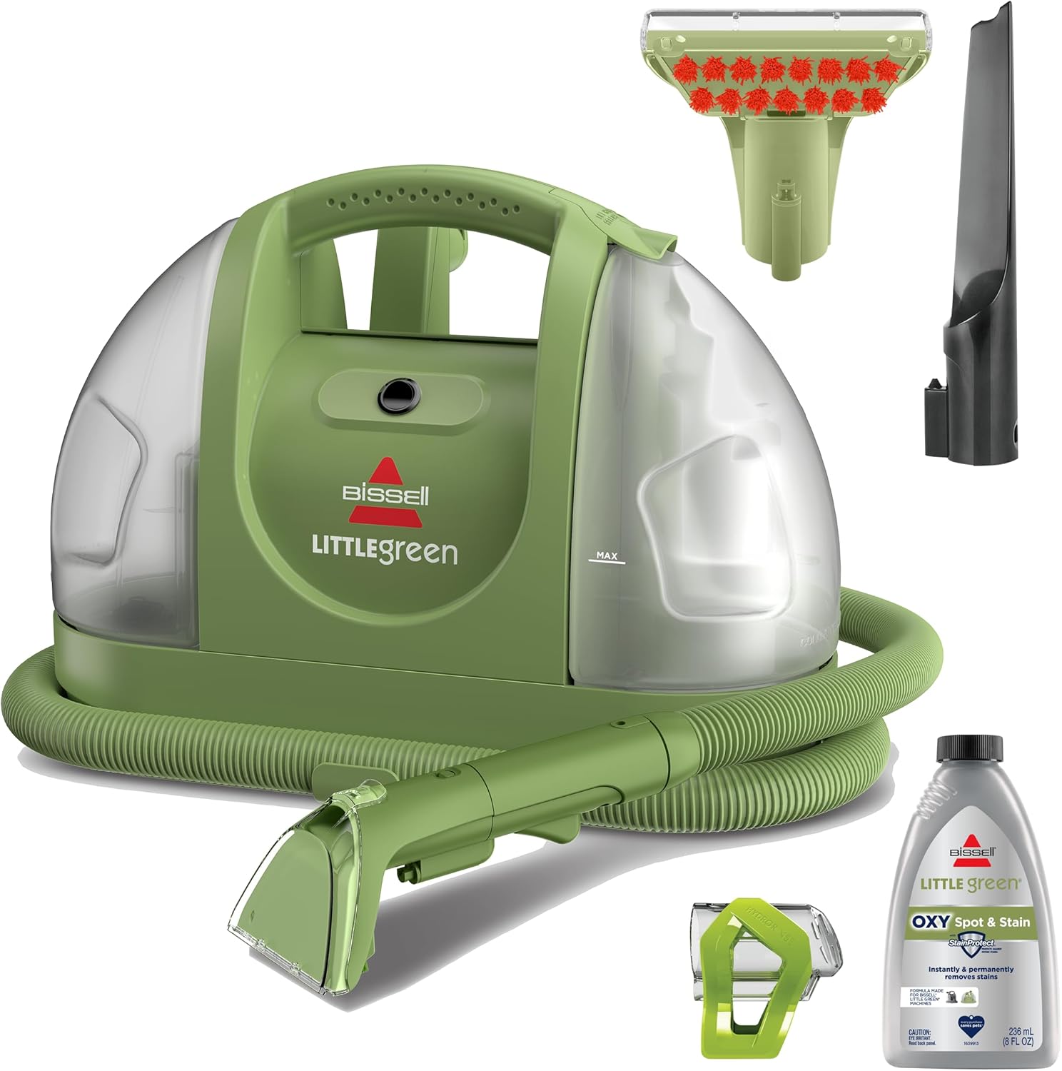 Black portable carpet cleaning machine with plastic housing and metal components, shown from front angle on light background — view 1