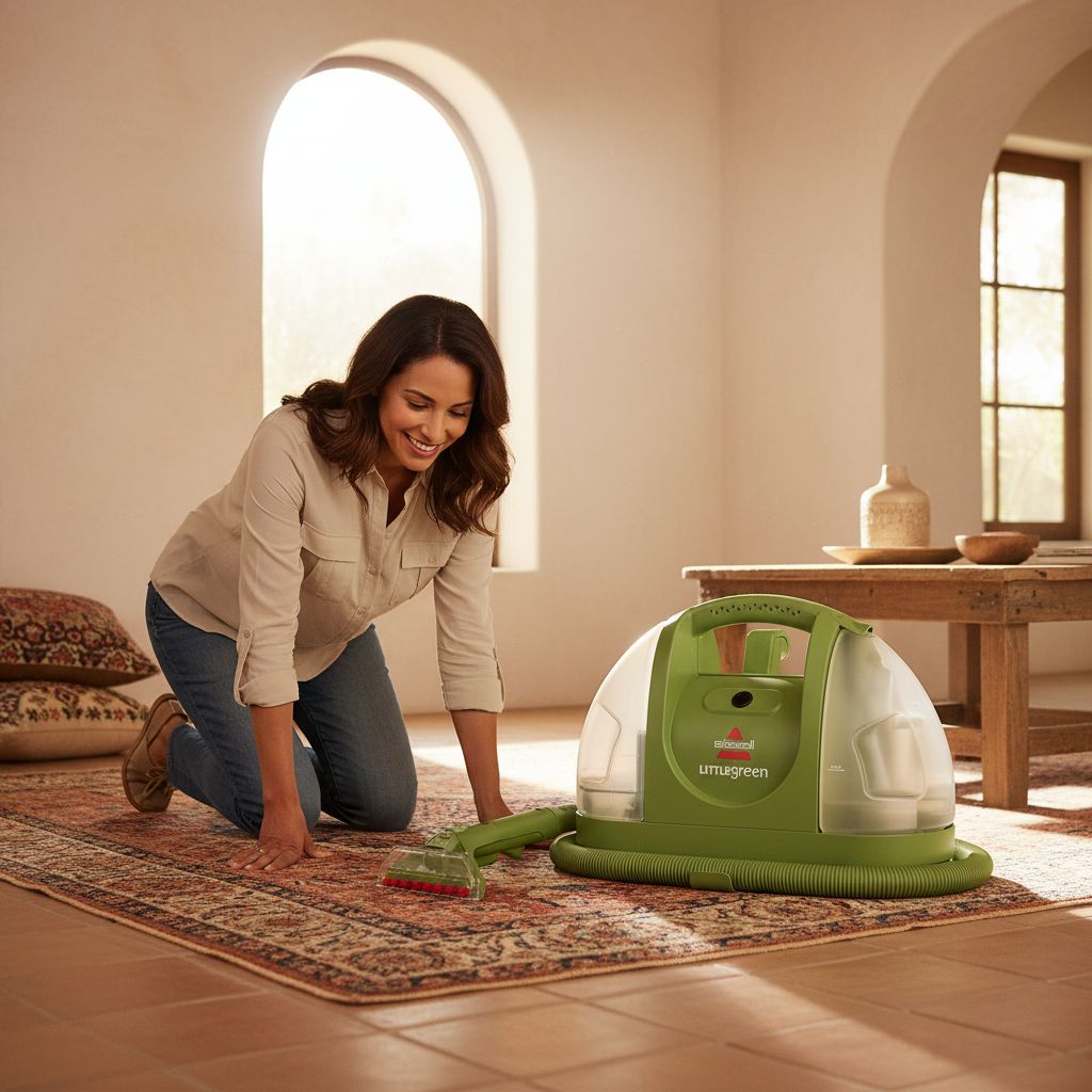 Black portable carpet cleaning machine with plastic housing and metal components, shown from front angle on light background — view 2