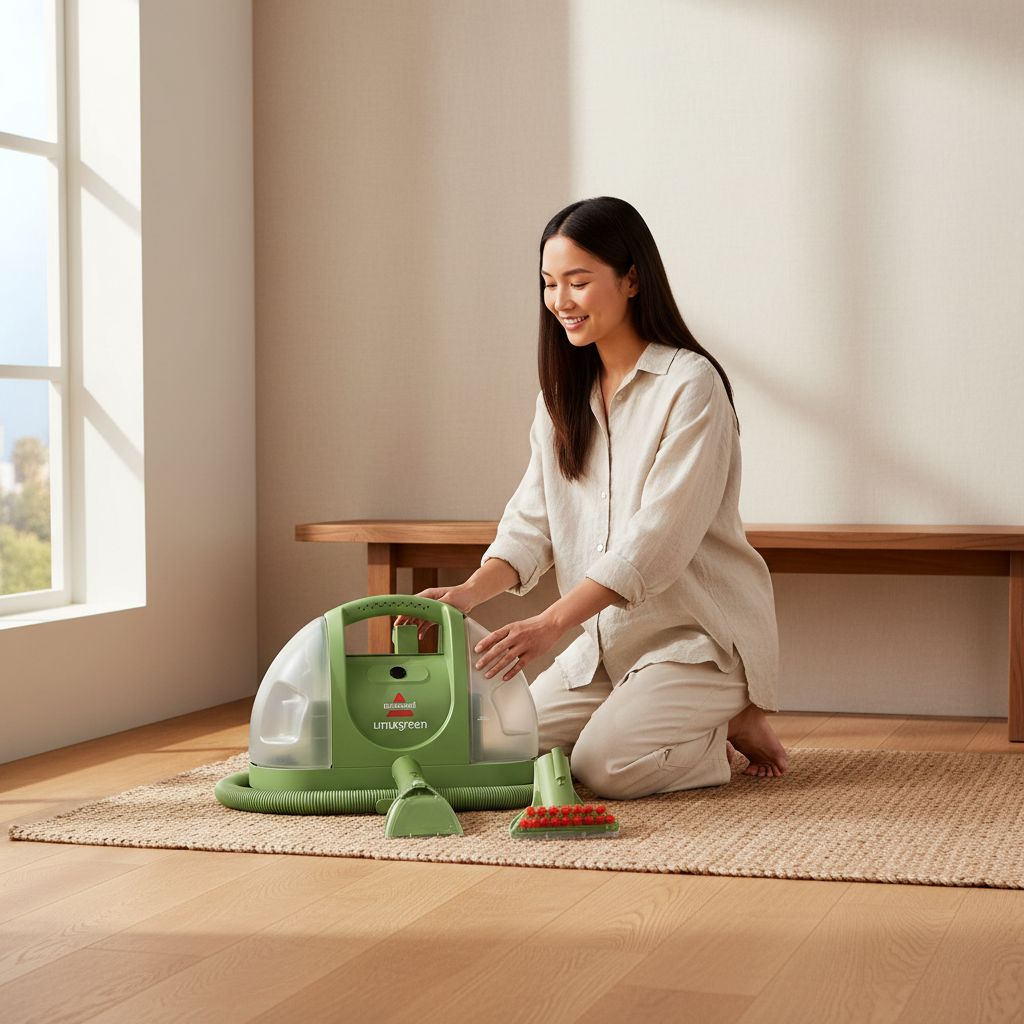 Black portable carpet cleaning machine with plastic housing and metal components, shown from front angle on light background — view 6