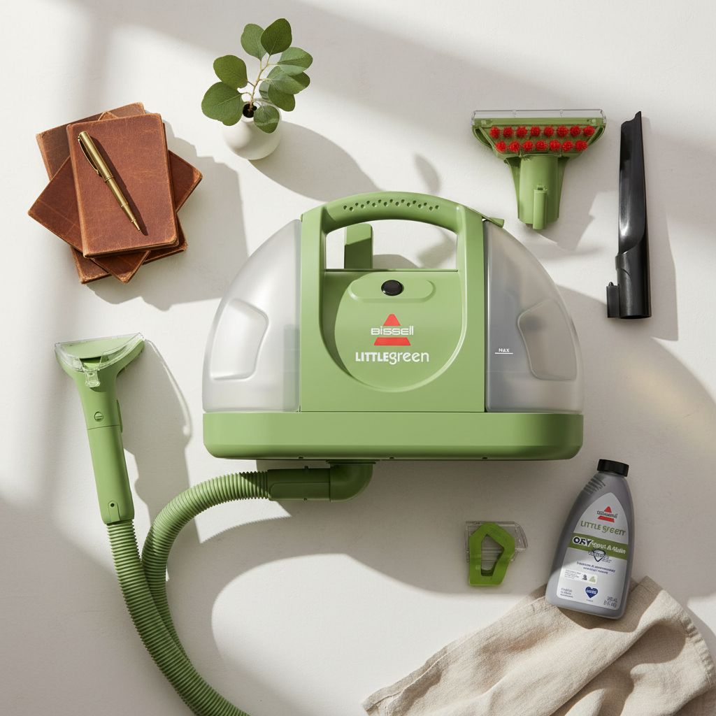 Black portable carpet cleaning machine with plastic housing and metal components, shown from front angle on light background — hero view 2