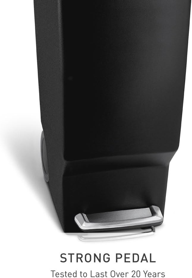Minimalist black plastic step trash can with secure slide lock mechanism, front view — view 2